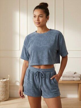 Active USA Blue Terry Cloth Cropped Tee and Shorts Set